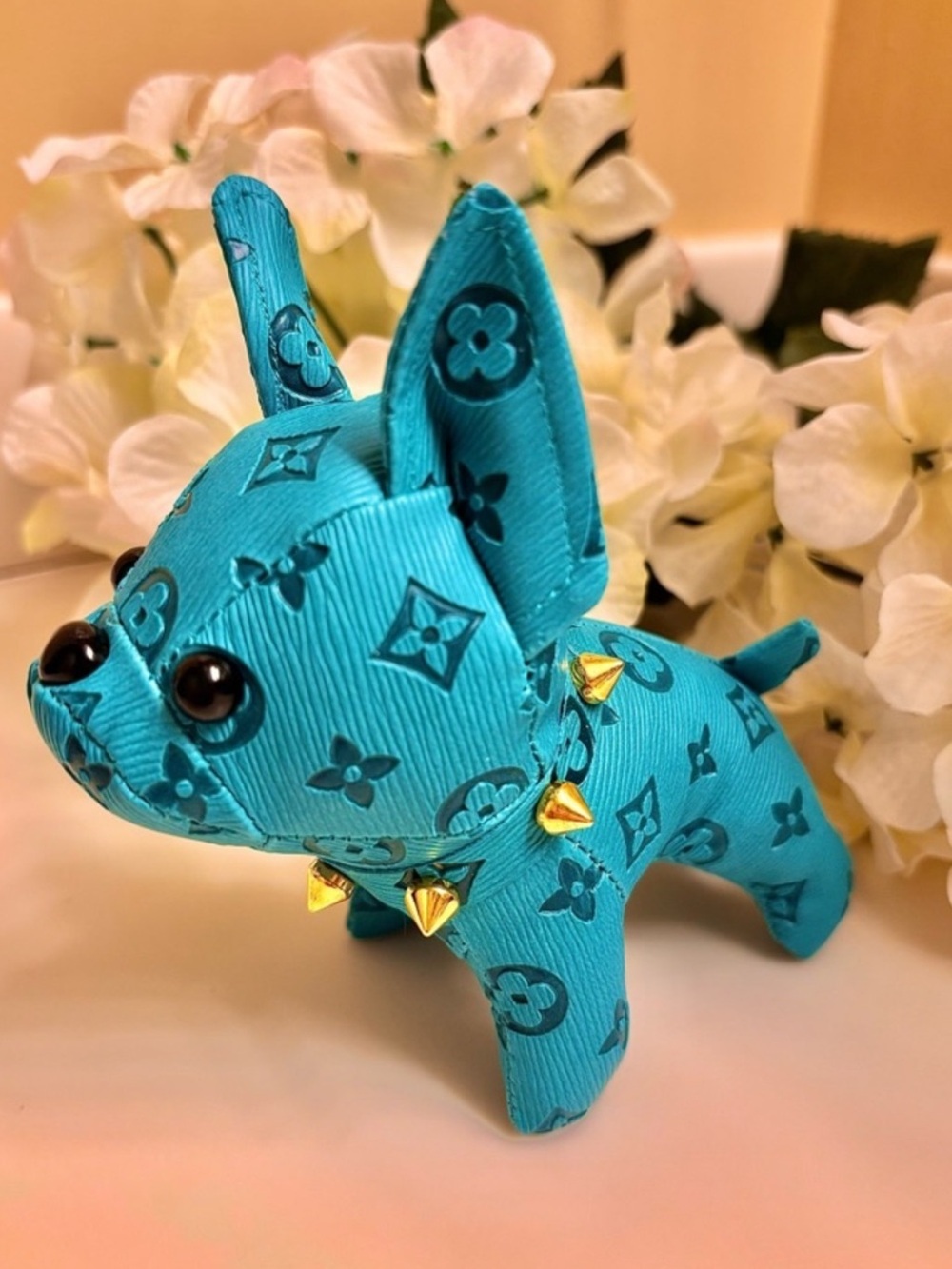 Bag Charm/Key Fob adorable Turquoise Frenchie Dog with spiked collar! - Picture 6 of 6